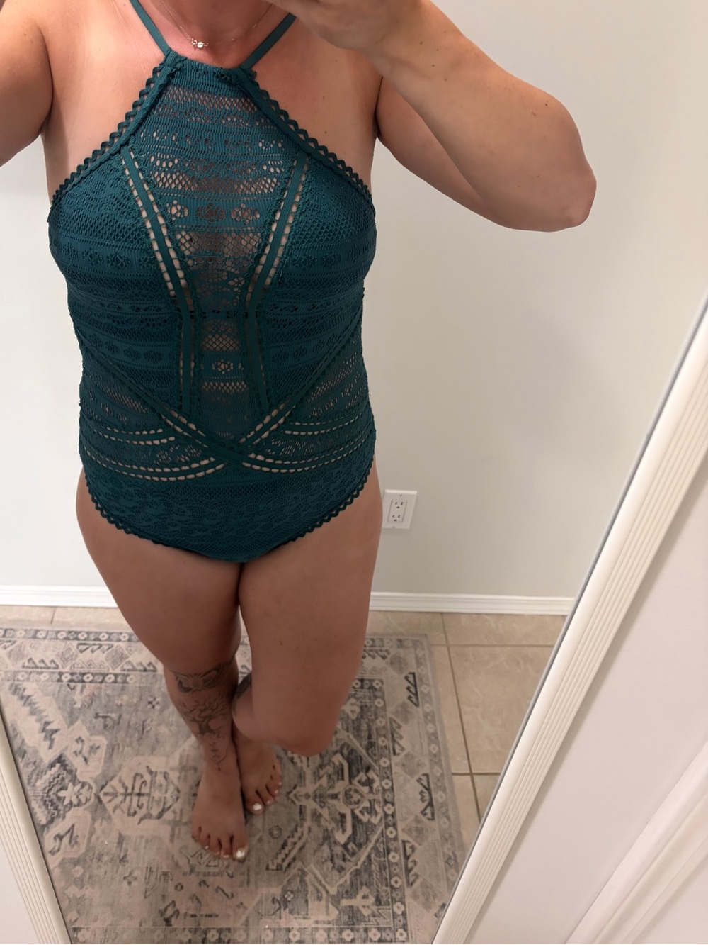✨3/$30 Teal Crochet High-Neck One-Piece Swimsuit